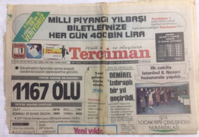 Tercüman Gazetesi 1 Ocak 1979 - 1978in Anarşi Bilançosu 1167 Ölü - GZ21156 - 1