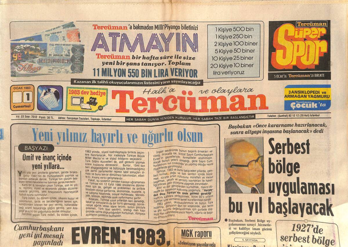 Tercüman Gazetesi 1 Ocak 1983 - Galatasaray 6 Yıl Sonra Avrupa Kupalarında 2. Tura Yükselen Takımımız GZ134467 - 1