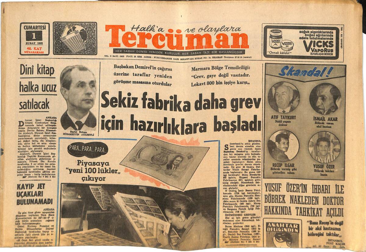 Tercüman Gazetesi 1 Şubat 1969 - Dini Kitap Halka Ucuz Satılacak - İsrail 230 Milyonluk Sığınak İnşa Etti GZ144862 - 1