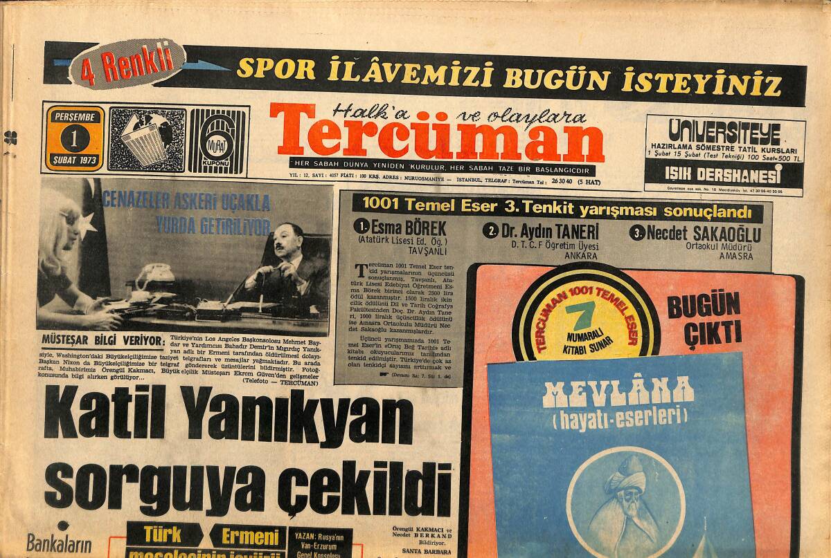 Tercüman Gazetesi 1 Şubat 1973 - Katil Yanıkyan Sorguya Çekildi - Boks Federasyonuna Nuri Turan Getiriliyor! GZ146307 - 1