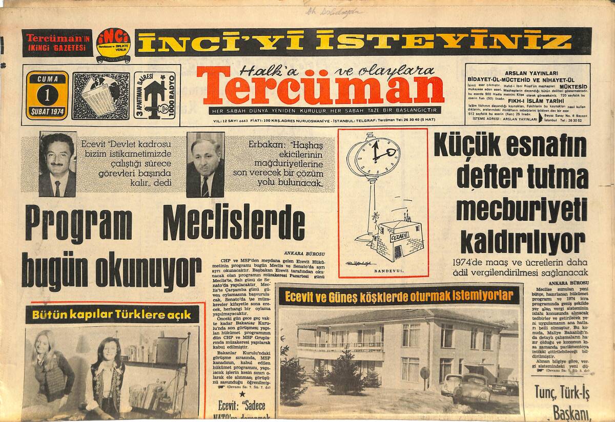 Tercüman Gazetesi 1 Şubat 1974 - Arap Ülkeleri Türkiye'den Ortak Yatırımlar İçin Alaka Bekliyor - Ecevit Ve Güneş Köşklerde Oturmak İstemiyorlar GZ145069 - 1