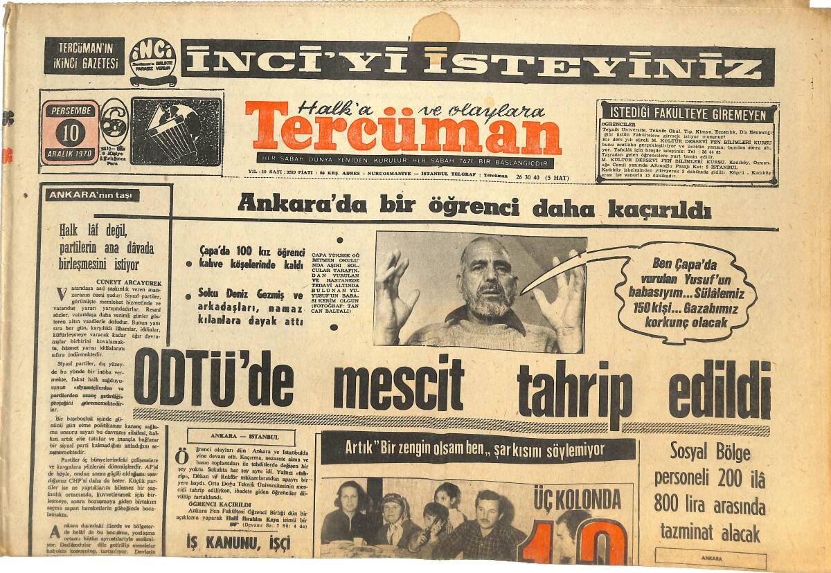 Tercüman Gazetesi 10 Aralık 1970 - ODTÜ'DE Mescit Tahrip Edildi - Clay'ın Payına 12 Milyon Düştü! GZ144679 - 1