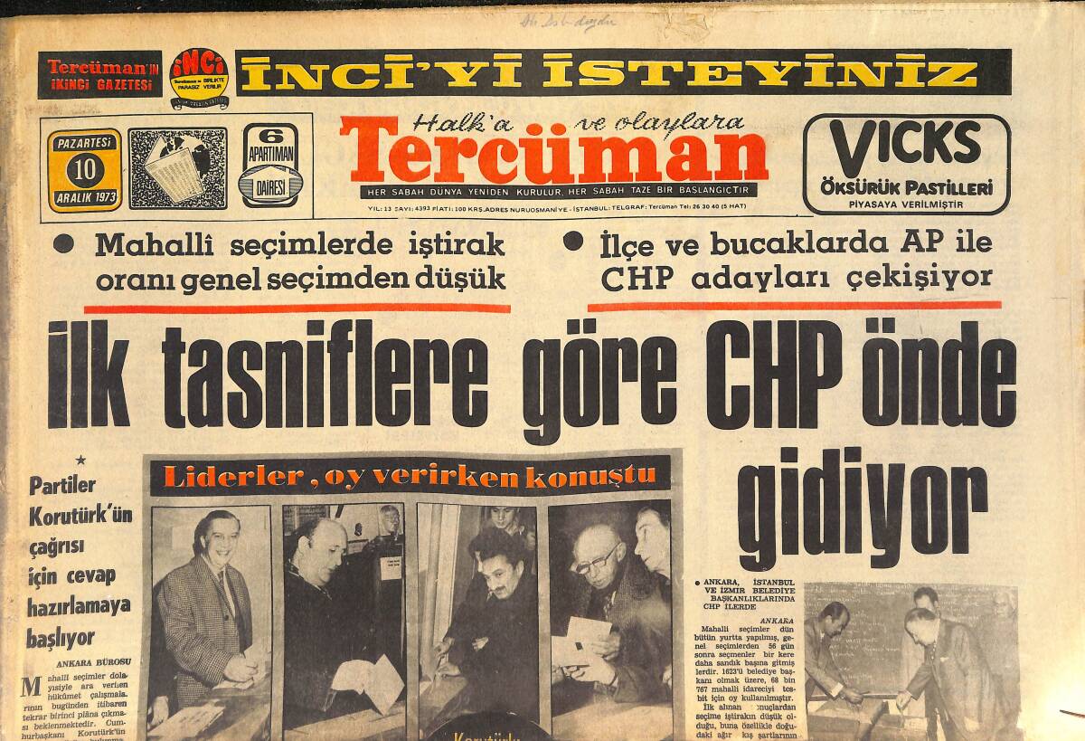 Tercüman Gazetesi 10 Aralık 1973 - Kaybolan Sanatçılar Midilli'ye Sığınmış - Naim Talu: En Salim Yol Milli Koalisyondur GZ145709 - 1