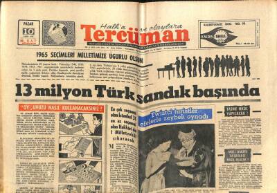 Tercüman Gazetesi 10 Ekim 1965 - 13 Milyon Türk Sandık Başında GZ105632 - 1