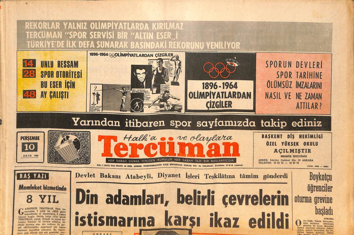 Tercüman Gazetesi 10 Ekim 1968 - Din Adamları, Belirli Çevrelerin İstismarına Karşı İkaz Edildi - Bu Hafta Coşkun Turgay Maçı Var GZ145744 - 1
