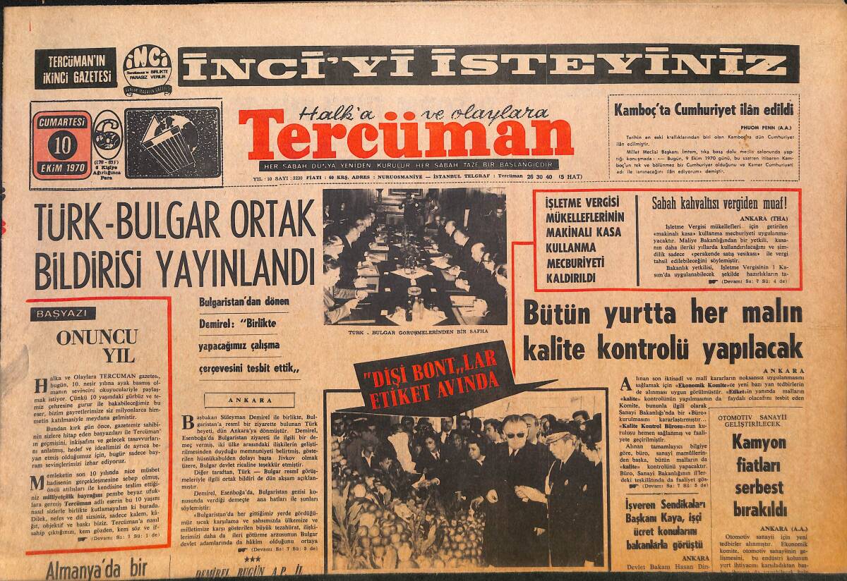 Tercüman Gazetesi 10 Ekim 1970 - Fahri Atabey Esnafı Kontrol Edip, Ceza Yerine Nasihat Verdi - K. Vietnam Nixon'un Barış Planını Reddetti GZ146208 - 1