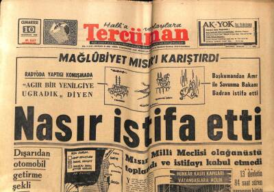 Tercüman Gazetesi 10 Haziran 1967 - Mağlubiyet Mısırı Karıştırdı Nasır İstifa Etti GZ54189 - 1