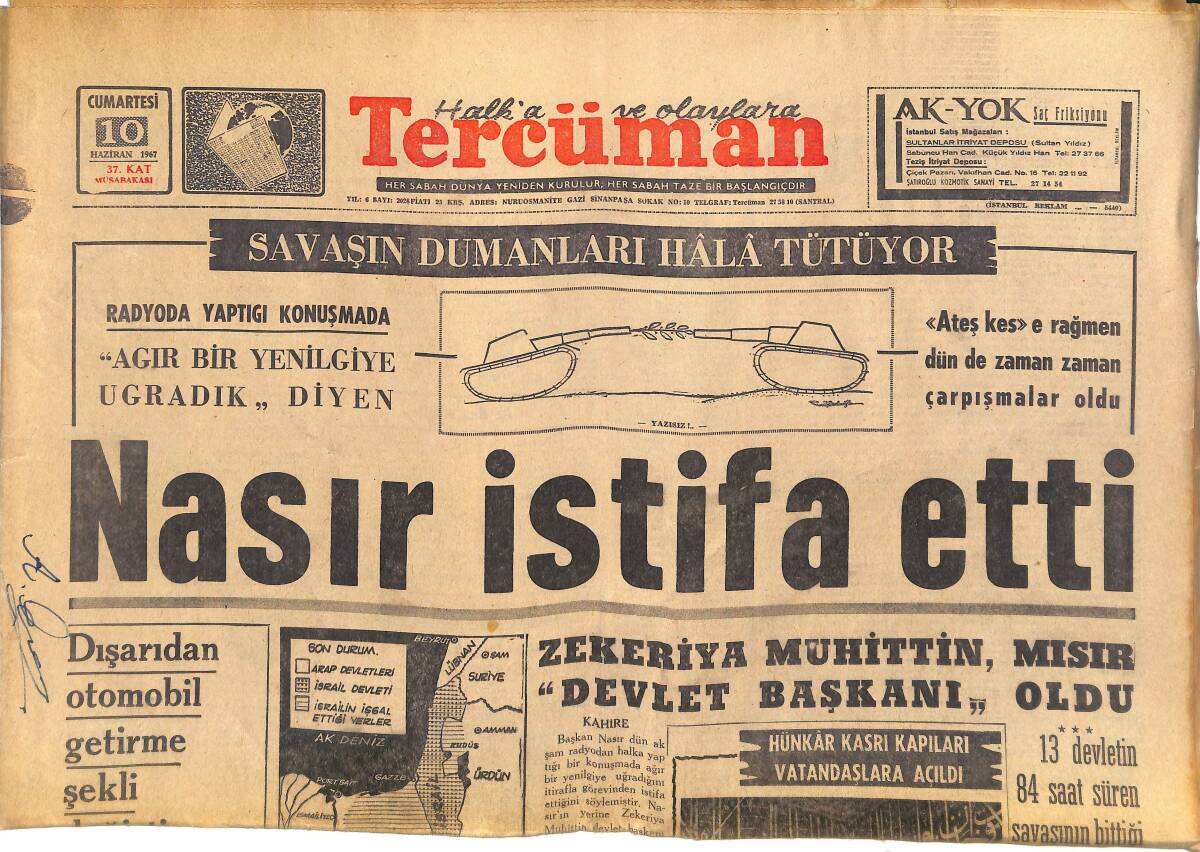 Tercüman Gazetesi 10 Haziran 1967 - Zekeriya Muhittin Mısır Devlet Başkanı Oldu - Personel Kanununun Yeni Şekli Hazırlandı! GZ145221 - 1