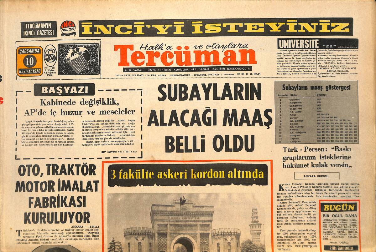 Tercüman Gazetesi 10 Haziran 1970 - Subayların Alacağı Maaş Belli Oldu - Oto Traktör Motor İmalat Fabrikası Kuruluyor GZ145484 - 1
