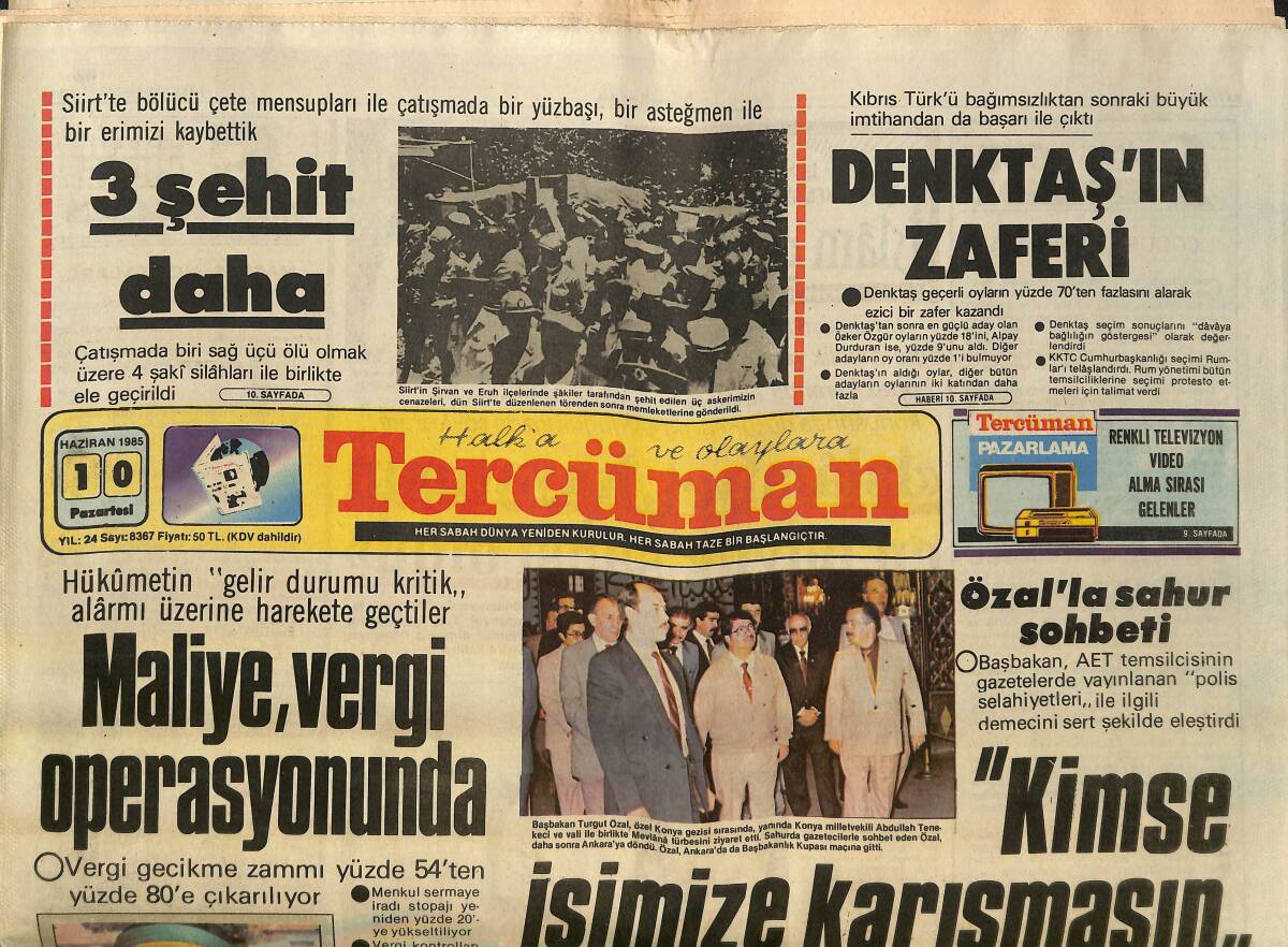 Tercüman Gazetesi 10 Haziran 1985 - Evren , Yarın Romanya'ya Gidiyor - Denktaş'ın Zaferi GZ150297 - 1