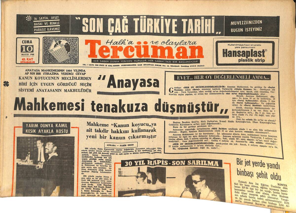 Tercüman Gazetesi 10 Mayıs 1968 - Anayasa Mahkemesi Tenakuza Düşmüştür - Cevdet Sunay'dan Kaçakçılığın Önlenmesi İstendi! GZ144716 - 1