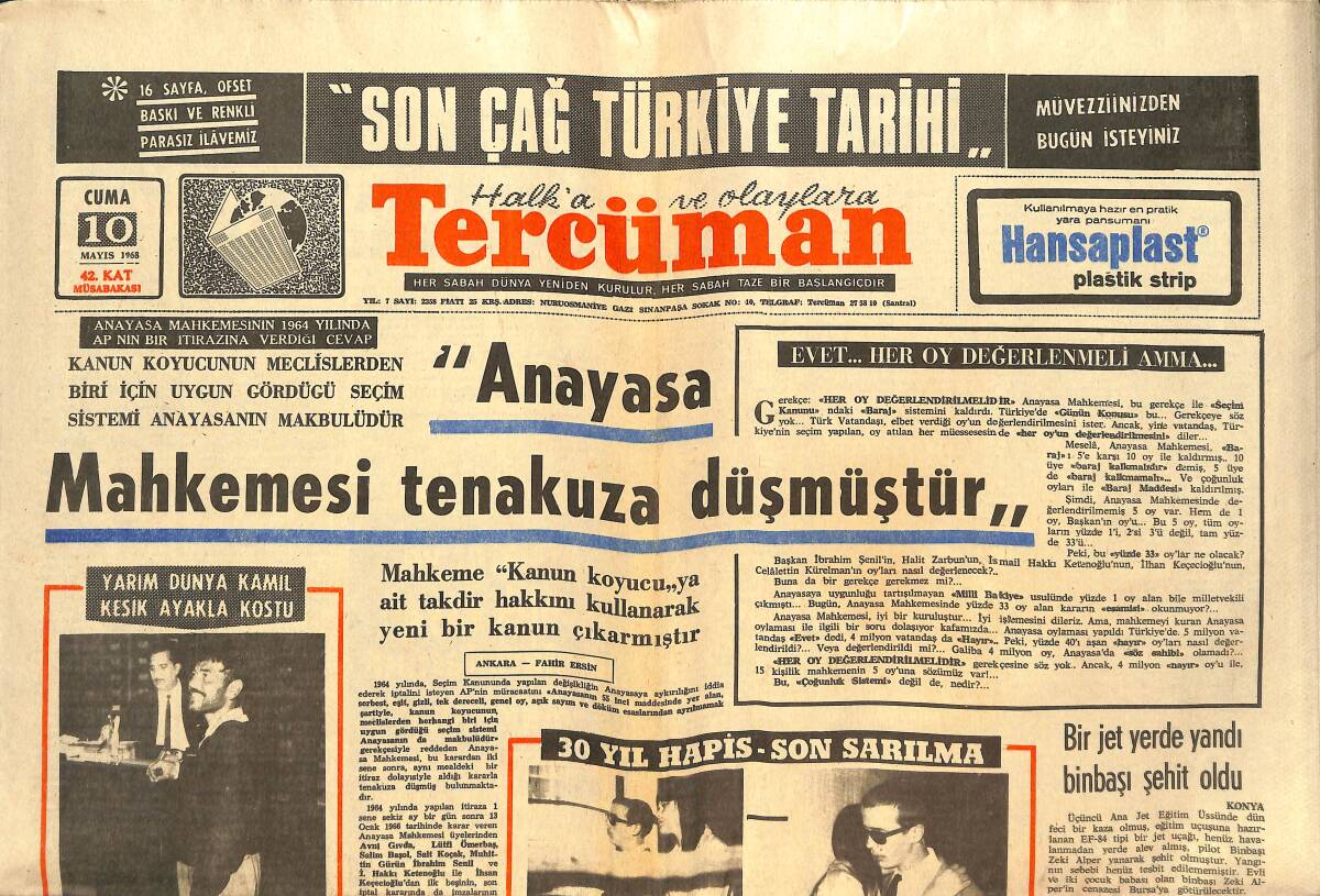 Tercüman Gazetesi 10 Mayıs 1968 - Anayasa Mahkemesi Tenakuza Düşmüştür - Kartal'da Harp GZ142703 - 1