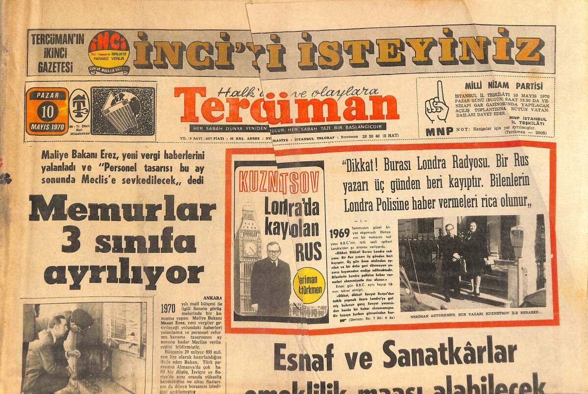 Tercüman Gazetesi 10 Mayıs 1970 - Kuznetsov, Londra'da Kaybolan Rus - Amerika'da Üniversite Kapatıldı GZ145332 - 1