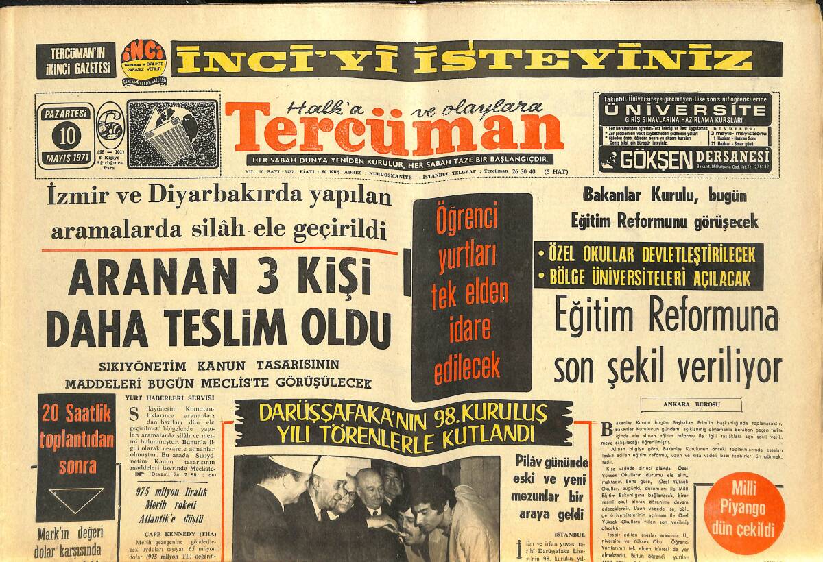 Tercüman Gazetesi 10 Mayıs 1971 - Türkiye'de Çalışan Nüfus Sayısı 6 Milyon - Eğitim Reformuna Son Şekil Veriliyor GZ141662 - 1