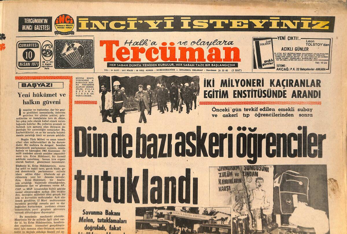 Tercüman Gazetesi 10 Nisan 1971 - Anadol Bayileri Toplantısında Vehbi Koç Konuşma Yaptı - Dün de Bazı Askeri Öğrenciler Tutuklandı GZ145504 - 1