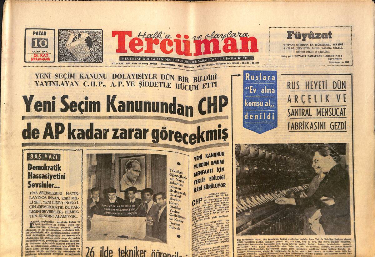 Tercüman Gazetesi 10 Ocak 1965 - Rus Heyeti Dün Arçelik Ve Santral Mensucat Fabrikasını Gezdi - 1965'e Nasıl Girdiler: Türkan Şoray, Hülya Koçyiğit GZ140439 - 1