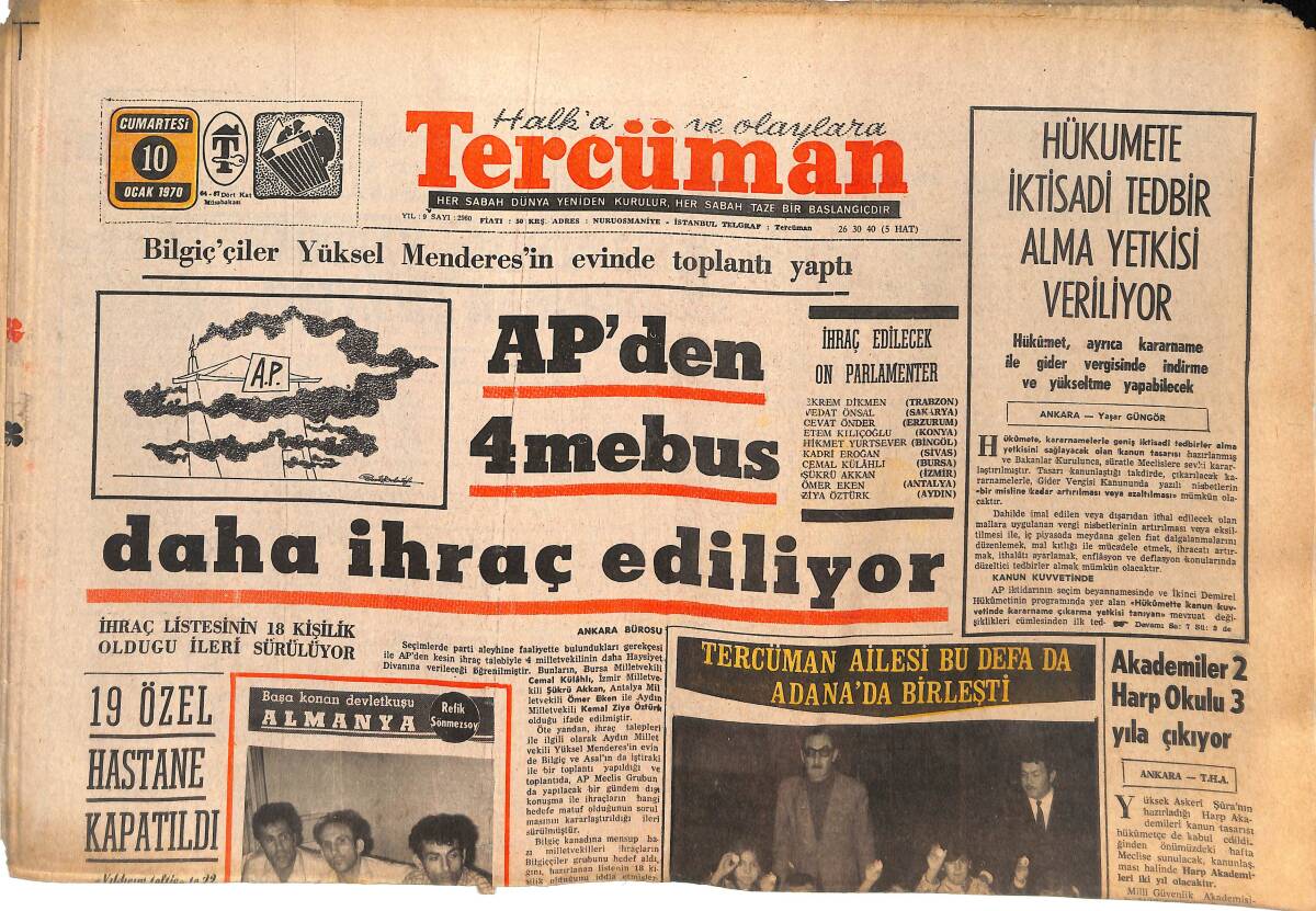 Tercüman Gazetesi 10 Ocak 1970 - AP'den 4 Mebus Daha İhraç Ediliyor - Grip Yüzünden 3 İlçede Daha Okullar Kapatıldı GZ144760 - 1