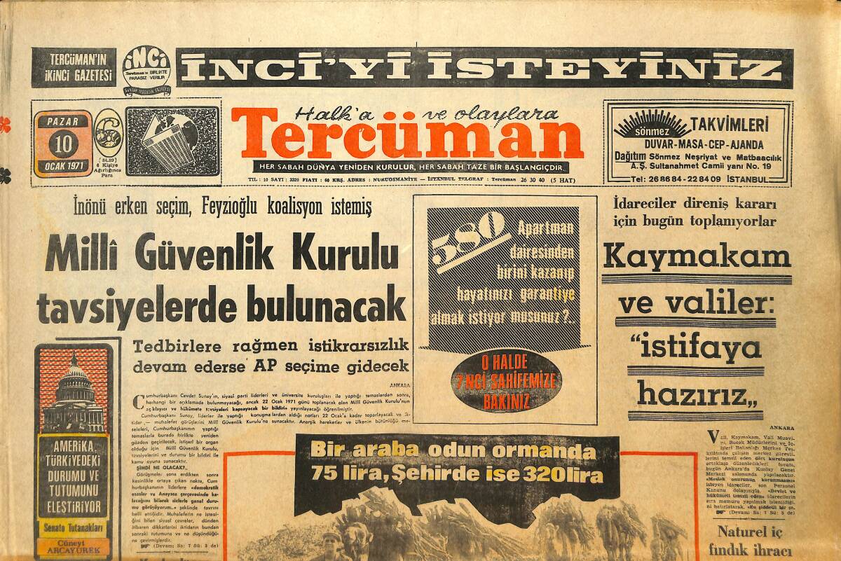 Tercüman Gazetesi 10 Ocak 1971 - İstanbul'un Odun Piyasası 15 Kişinin Elinde... - Pakistan'daki Olaylara Ordu Müdahale Etti GZ145402 - 1