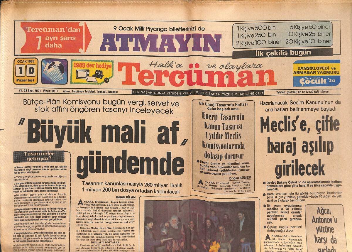 Tercüman Gazetesi 10 Ocak 1983 - Ulusu'nun Ege Gezisi Bugün Başlıyor - Tüberkülozlu Sayısı Artıyor GZ134454 - 1