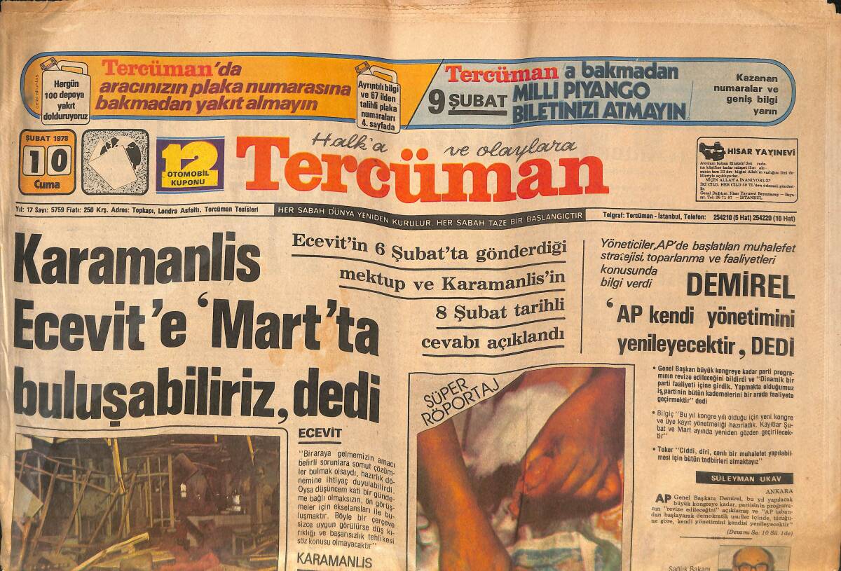 Tercüman Gazetesi 10 Şubat 1978 - Karamanlis, Ecevit'e Mart'ta Buluşabiliriz Dedi - Galatasaray'da Yeni Gençler Göreceksiniz GZ134304 - 1