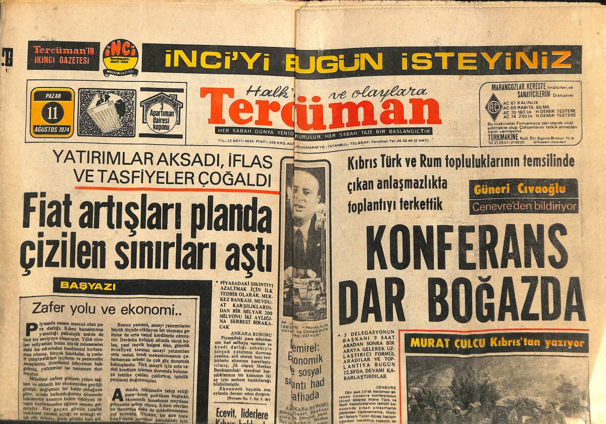 Tercüman Gazetesi 11 Ağustos 1974 - Beşiktaş Galatasaray'ı Saf Dışı Etti - İran Ve Irak Arasındaki İhtilaf İstanbul'da Ele Alınıyor GZ141799 - 1