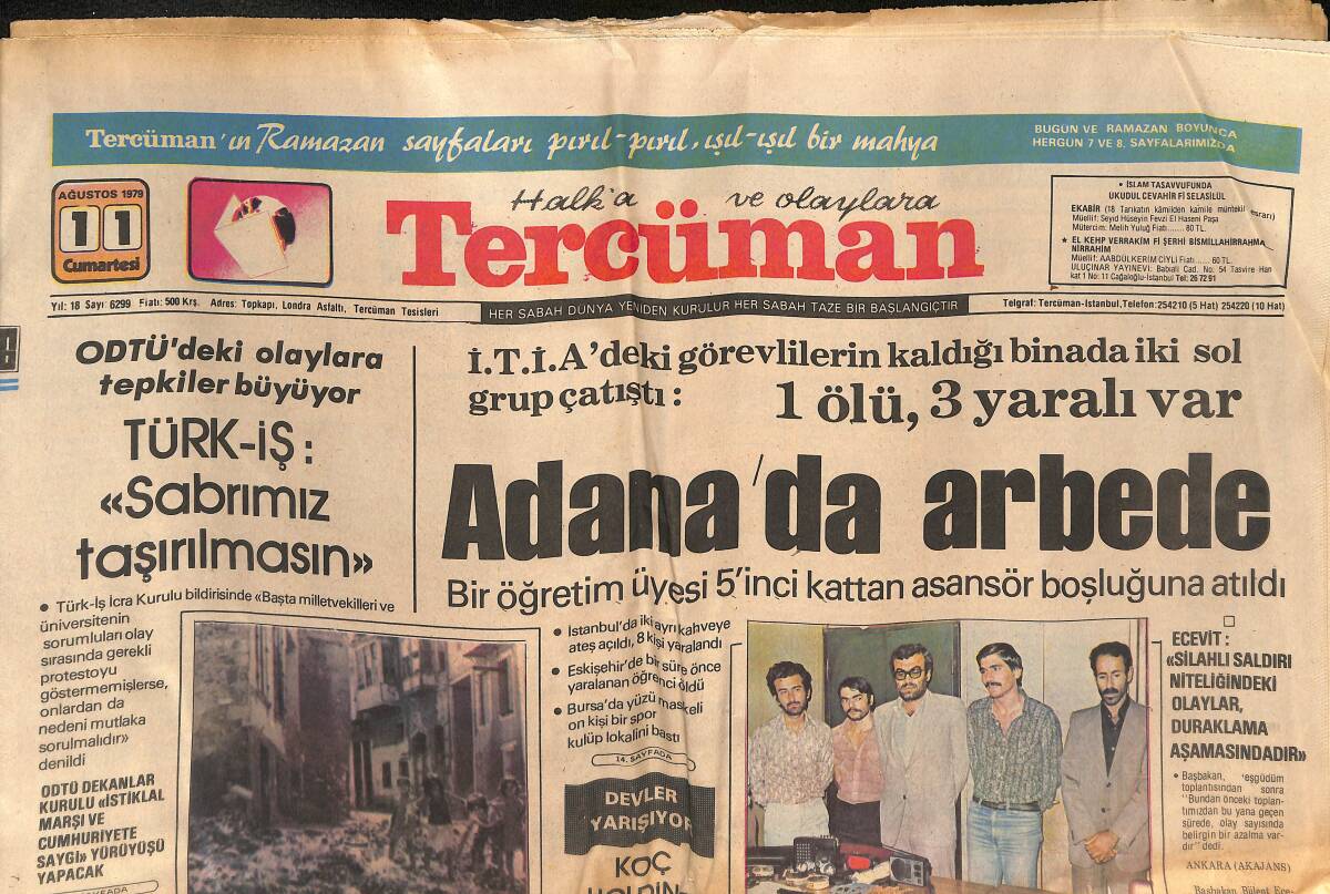 Tercüman Gazetesi 11 Ağustos 1979 - Adana'da İki Sol Grup Çarpıştı - Trabzon Taş Gibi Takım GZ133272 - 1