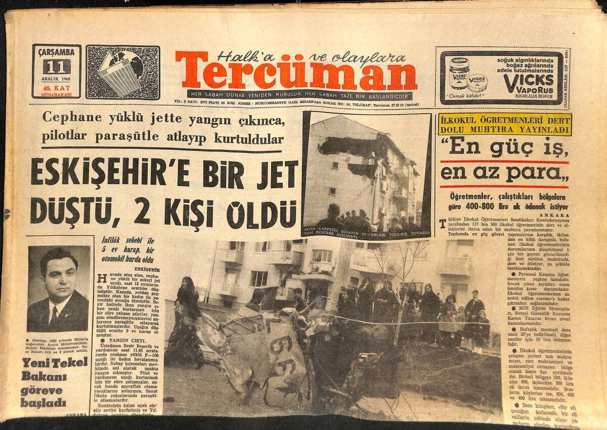 Tercüman Gazetesi 11 Aralık 1968 - Eskişehir'e Bir Jet Düştü - Rusya, Akdeniz'i İstilaya Başladı - İddia Yüzünden Sevim Duran 6 Kilo Zayıfladı GZ145318 - 1
