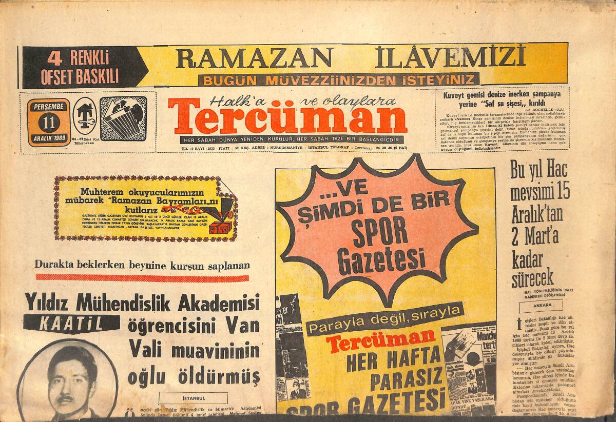 Tercüman Gazetesi 11 Aralık 1969 - Merih Gezegeni Sanıldığından Daha Büyük - Ring'e Göre Kamacı Sıkletinin Dördüncüsü GZ144248 - 1