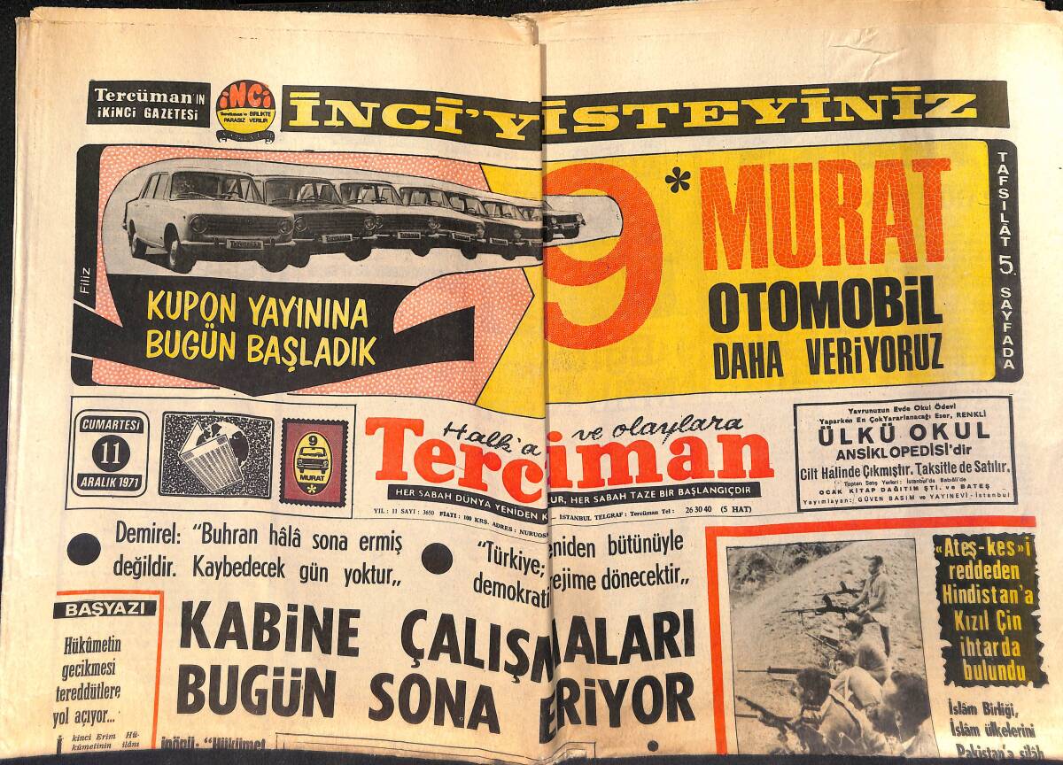 Tercüman Gazetesi 11 Aralık 1971 - Hint Birlikleri Dakka Önlerinde - Kabine Çalışmaları Bugün Sona Eriyor GZ161252 - 1