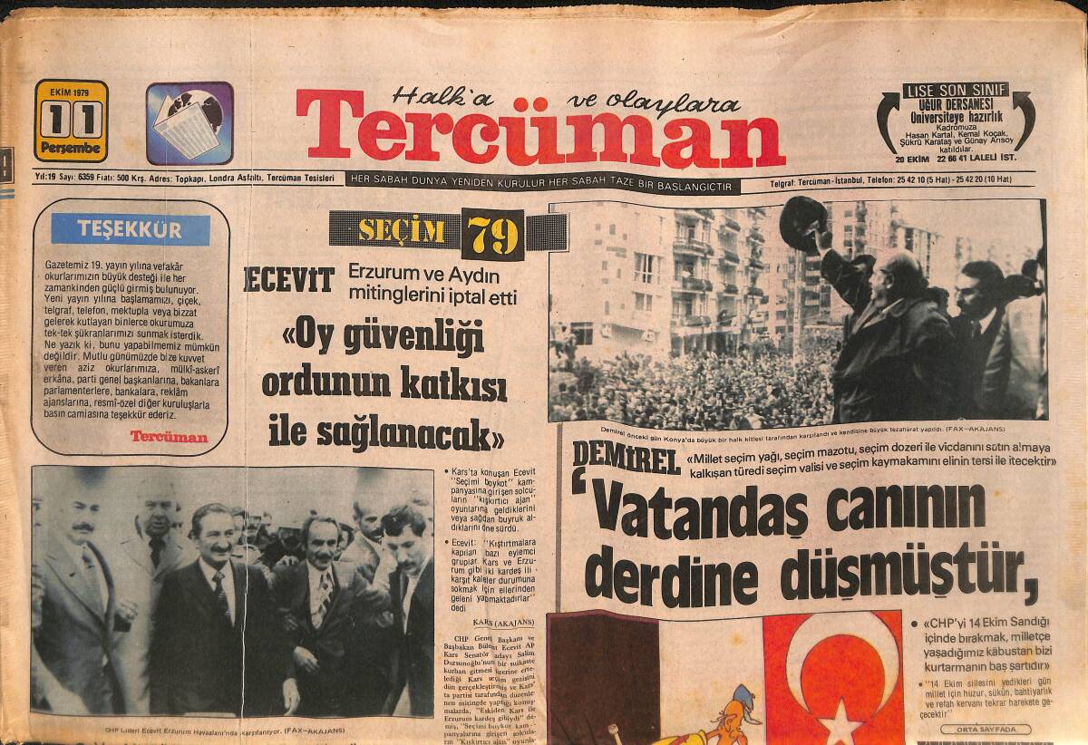 Tercüman Gazetesi 11 Ekim 1979 - Korutürk , Seçim Güvenliği İçin İçişleri Bakanı'na Direktif Verdi GZ134340 - 1