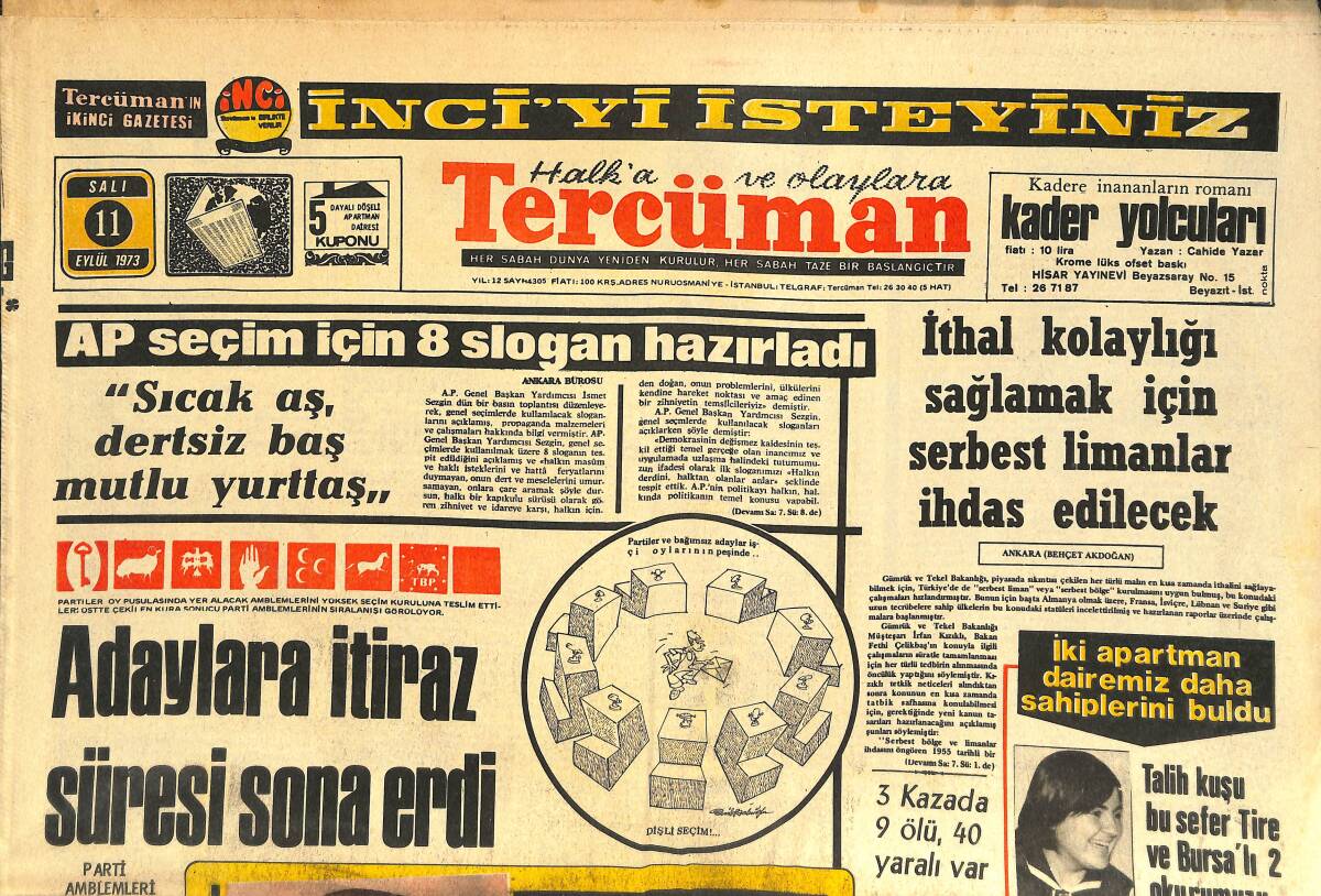 Tercüman Gazetesi 11 Eylül 1973 - Ertuğrul Gazi Anıldı - AP Seçim İçin 8 Sloganı Hazırladı GZ144461 - 1