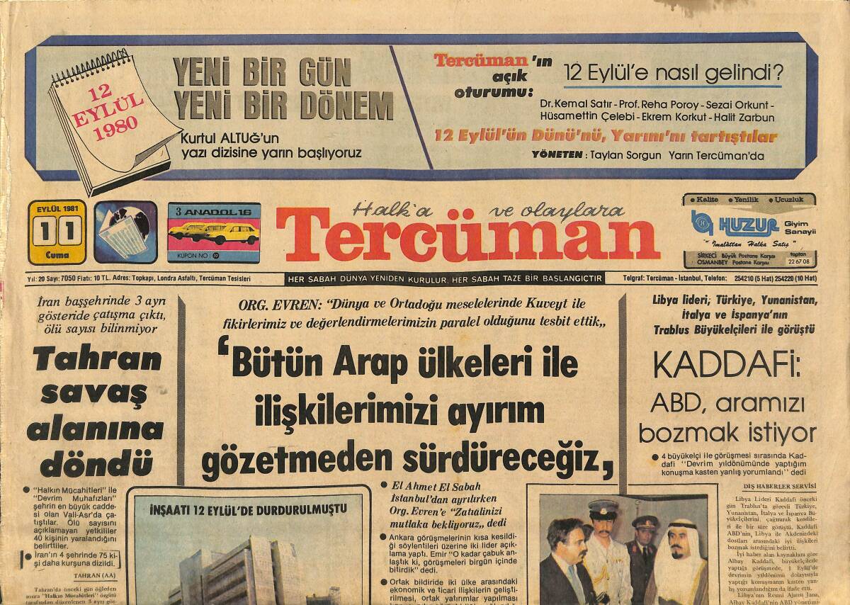 Tercüman Gazetesi 11 Eylül 1981 - Kaddafi: ABD, Aramızı Bozmak İstiyor - Şeyh El Sabah Türk Halkına Selam, Sevgi Ve Saygılarını İletti! GZ145990 - 1