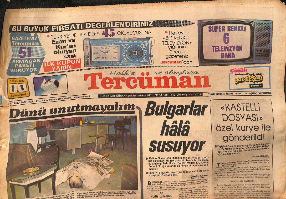 Tercüman Gazetesi 11 Eylül 1982 - Bulgarlar Hala Susuyor - Saldırıyı Sofya'da Duyup Şok Geçiren Şehit Ataşemizin Eşi Burgaz'a Gitti GZ132370 - 1