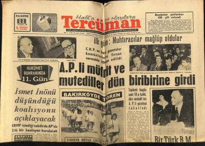 Tercüman Gazetesi 11 Haziran 1962 - İsmet İnönü Düşündüğü Koalisyonu Açıklayacak GZ70710 - 2