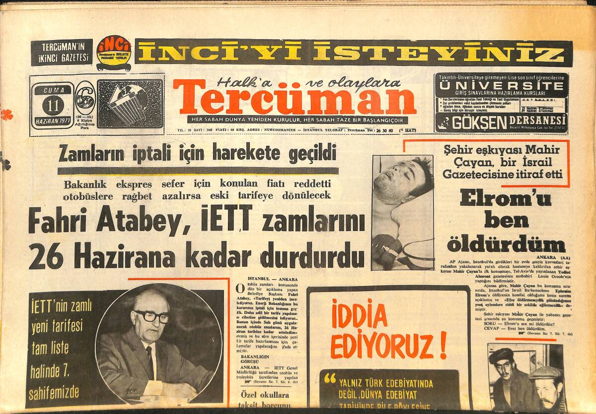 Tercüman Gazetesi 11 Haziran 1971 - Bolu'nun Namlı Kabadayısı Bir Çocuk Öldürdü - Kırkpınar Başlıyor - Lefter 