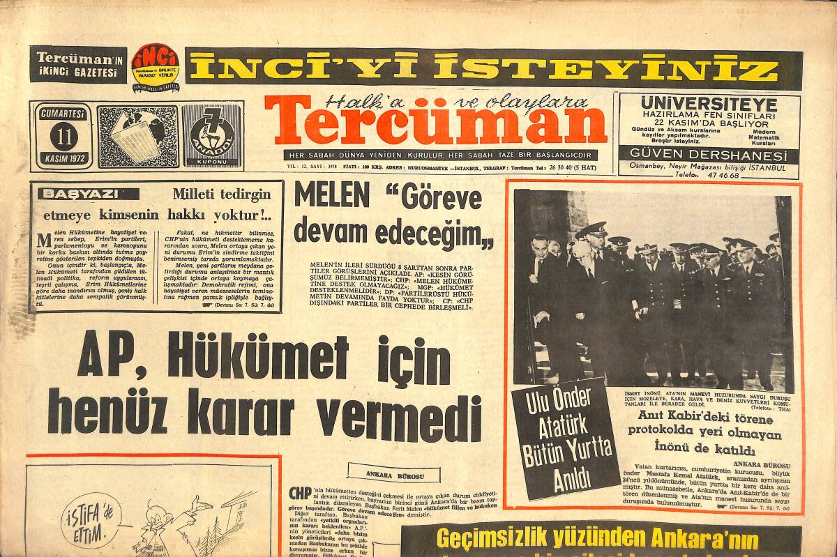 Tercüman Gazetesi 11 Kasım 1972 - Prof. S. Gördüren'in Eşi İle Kızı Öldürüldü - AP , Hükümet İçin Henüz Karar Vermedi GZ144473 - 1