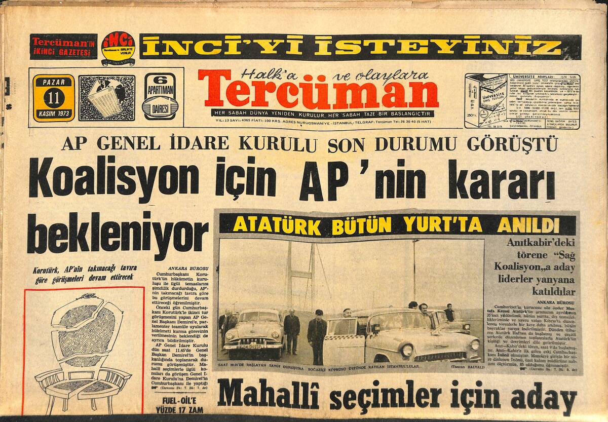Tercüman Gazetesi 11 Kasım 1973 - Atatürk Bütün Yurtta Anıldı - Arap-İsrail Savaşı - Mısır Kazandığı Zaferi Kaybetti GZ141438 - 1