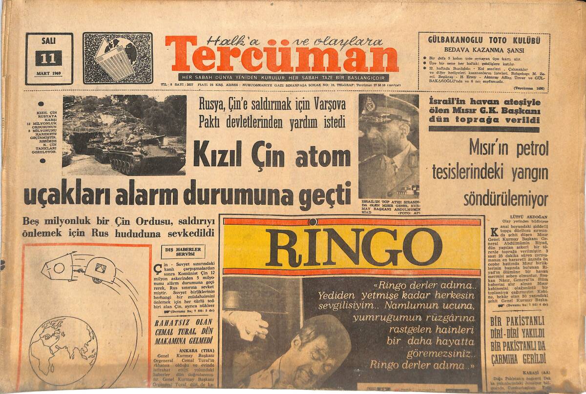Tercüman Gazetesi 11 Mart 1969 - Kızıl Çin Atom Uçakları Alarm Durumuna Geçti - Apollo-9 Uzaydaki Yedinci Günde Yön Tayini Yaptı GZ144901 - 1