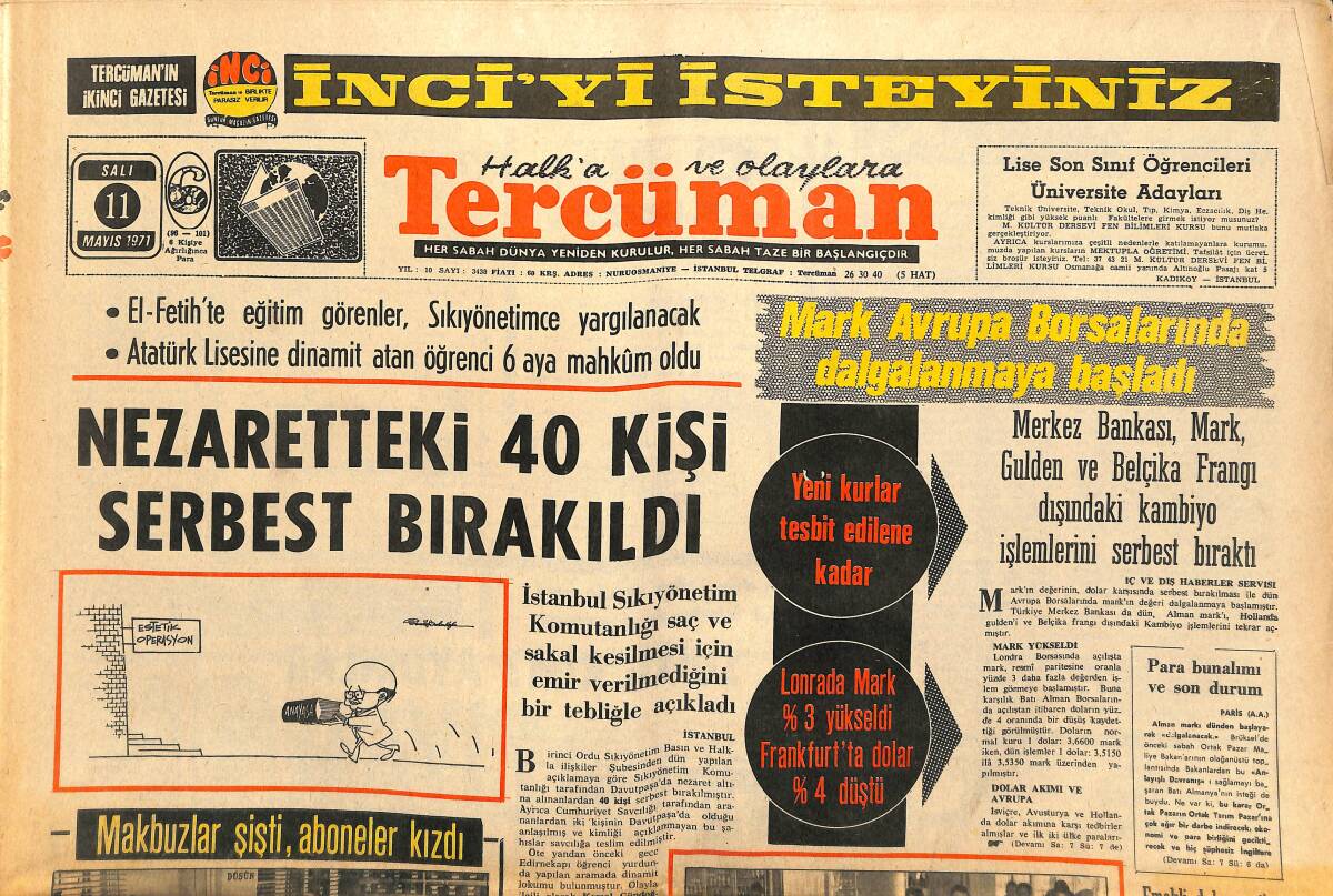 Tercüman Gazetesi 11 Mayıs 1971 - Fethiye Canavarı Ceylan Köyünde Görüldü - İnönü'nün Göz Ameliyatı 30 Dakika Sürdü GZ141787 - 1