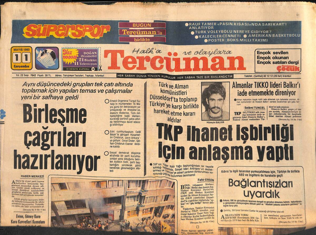 Tercüman Gazetesi 11 Mayıs 1983 - TKP İhanet İşbirliği İçin Anlaşma Yaptı - Birleşme Çağrıları Hazırlanıyor GZ134425 - 1