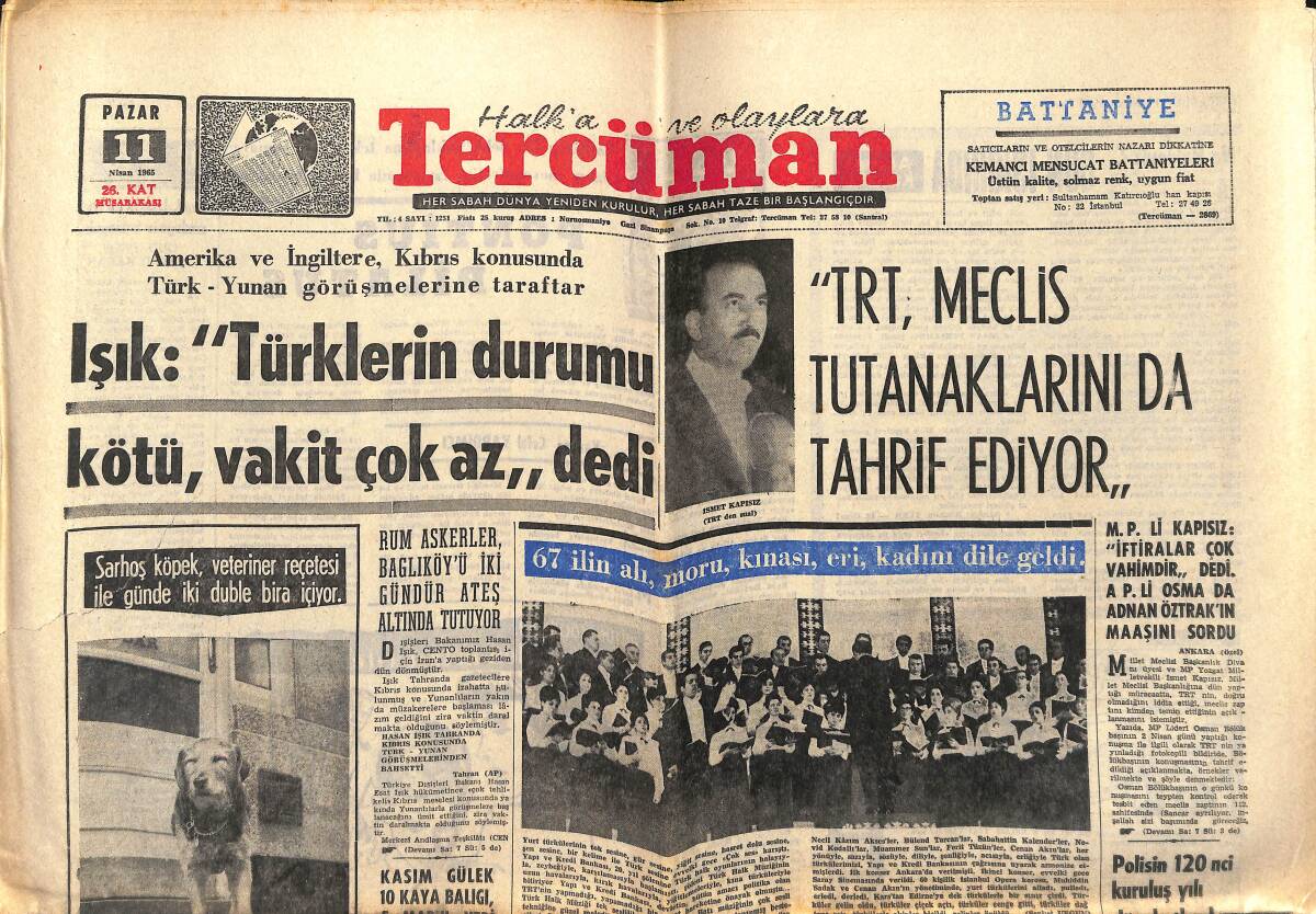 Tercüman Gazetesi 11 Nisan 1965 - TRT, Meclis Tutanaklarını Da Tahrif Ediyor - Milli Maç Mithatpaşa'da Oynanacak! GZ140590 - 1