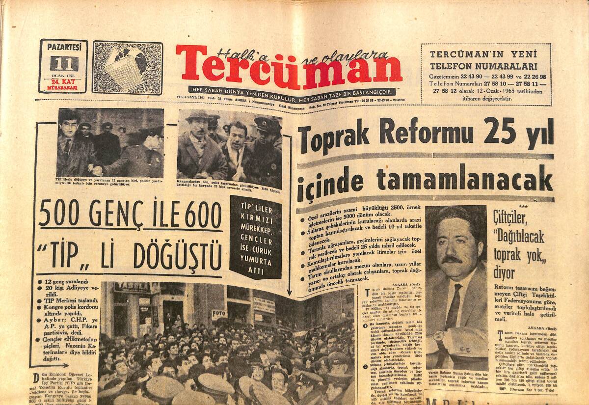 Tercüman Gazetesi 11 Ocak 1965 - Toprak Reformu 25 Yıl İçinde Tamamlanacak - Beşiktaş Fenerbahçe'yi 1-0 Yendi GZ140440 - 1