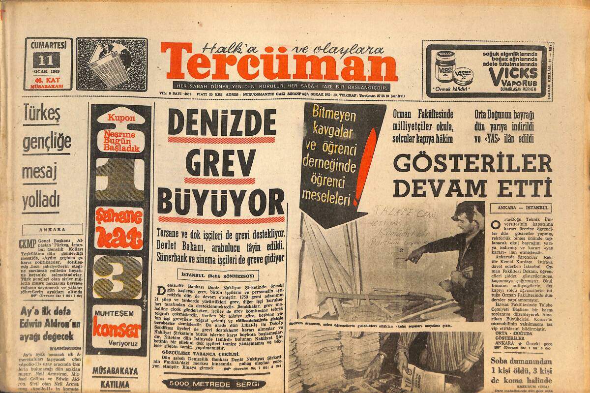 Tercüman Gazetesi 11 Ocak 1969 - Denizde Grev Büyüyor - Alpaslan Türkeş Gençliğe Mesaj Yolladı - Singer Fabrikasını Dün İşçiler İşgal Ettiler! GZ146133 - 1