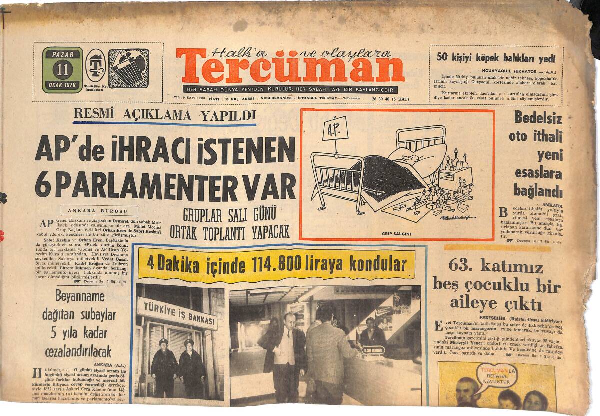 Tercüman Gazetesi 11 Ocak 1970 - THY Hac Seferlerini Yeni Jetlerle Yapacak - Bedelsiz Oto İthali Yeni Esaslara Bağlandı GZ144761 - 1
