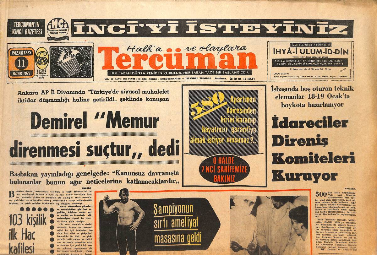Tercüman Gazetesi 11 Ocak 1971 - Amerika, Türkiye'deki Durumu Ve Tutumu Eleştiriyor - Demirel: Memur Direnmesi Suçtur GZ145312 - 1