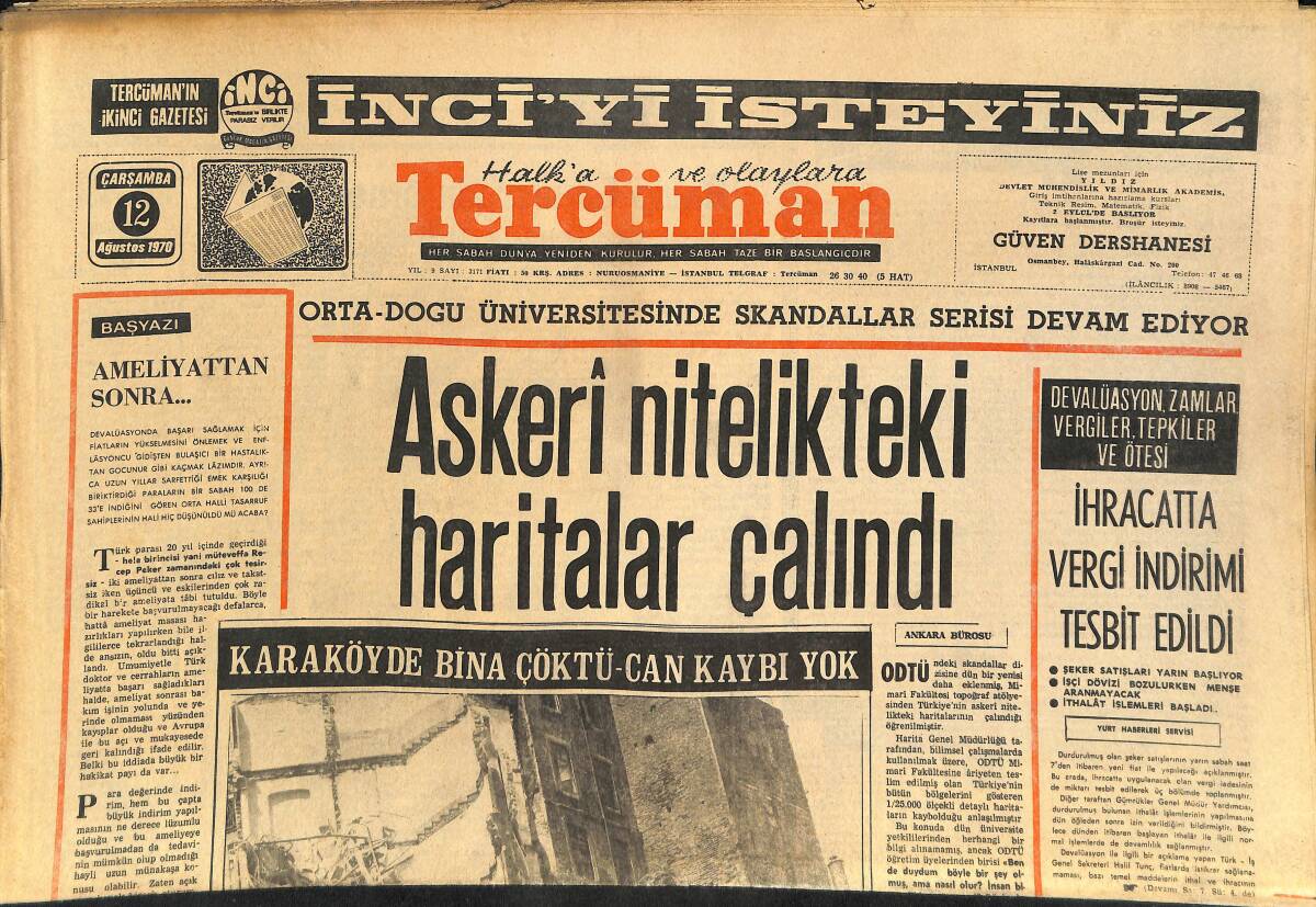 Tercüman Gazetesi 12 Ağustos 1970 - Askeri Nitelikteki Haritalar Çalındı - İstanbul Dün Yandı Yandı Kavruldu GZ145275 - 1