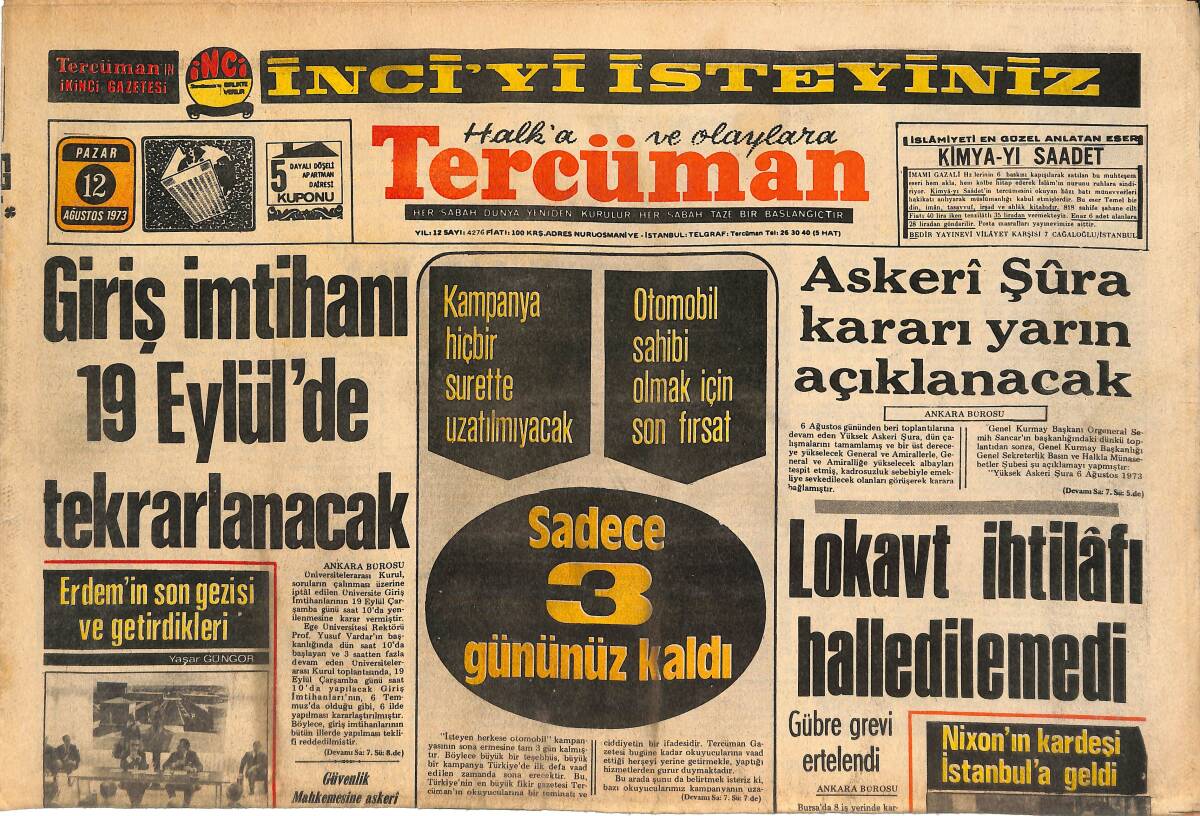 Tercüman Gazetesi 12 Ağustos 1973 - Askeri Şura Kararı Yarın Açıklanacak! - Lokavt İhtilafı Halledilemedi! GZ144992 - 1
