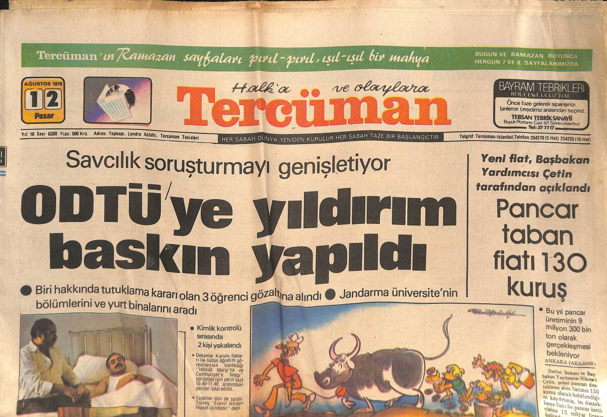 Tercüman Gazetesi 12 Ağustos 1979 - ODTÜ'ye Savcılık Tarafından Baskın Yapıldı - İzmir'deki Grev 6. Gününde - Alman Basını Trabzonspor'u Övüyor GZ133273 - 1