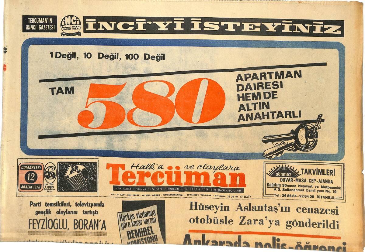 Tercüman Gazetesi 12 Aralık 1970 - Çiçek Pasajında Grev Kararı Alındı - Hüseyin Aslantaş'ın Cenazesi Otobüsle Zara'ya Gönderildi! GZ144675 - 1