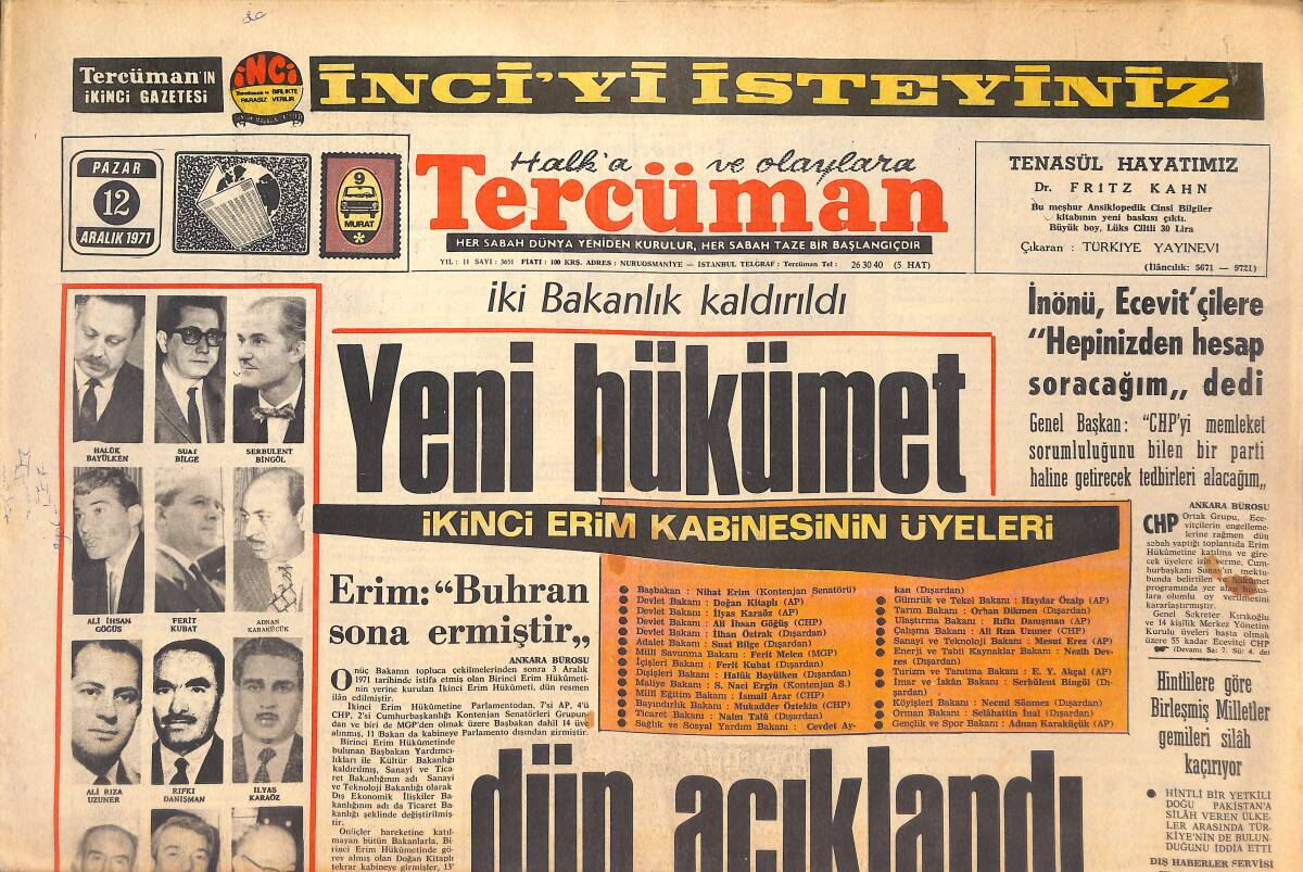 Tercüman Gazetesi 12 Aralık 1971 - Nihat Erim: Buhran Sona Ermiştir - Mevhibe İnönü İsmet İnönü'nün Şoförü Oldu! GZ146056 - 1